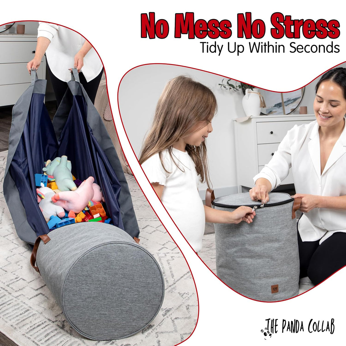 Toy Storage Basket and Playmat - Large Toy Blanket Storage Mat with Zippers - Slide Away Canvas Bag Storage Bin - Sturdy Kids Storage Baskets & Mat - Toy Bag Play Mat for Girls & Boys, Light Grey