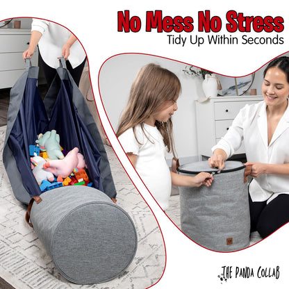 Toy Storage Basket and Playmat - Large Toy Blanket Storage Mat with Zippers - Slide Away Canvas Bag Storage Bin - Sturdy Kids Storage Baskets & Mat - Toy Bag Play Mat for Girls & Boys, Light Grey