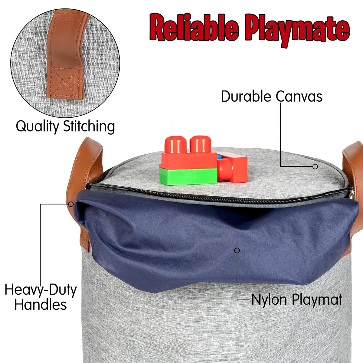 Toy Storage Basket and Playmat - Large Toy Blanket Storage Mat with Zippers - Slide Away Canvas Bag Storage Bin - Sturdy Kids Storage Baskets & Mat - Toy Bag Play Mat for Girls & Boys, Light Grey