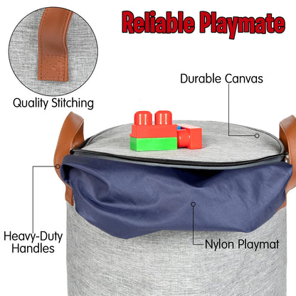Toy Storage Basket and Playmat - Large Toy Blanket Storage Mat with Zippers - Slide Away Canvas Bag Storage Bin - Sturdy Kids Storage Baskets & Mat - Toy Bag Play Mat for Girls & Boys, Light Grey