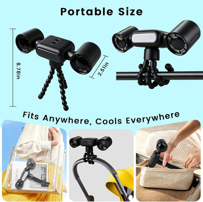 Mini Portable Stroller Fan,Dual-Head Rechargeable Small Clip on Fan,5-Speed Silent Bladeless Fan with Night Light,360° Rotate Personal Cooling Fan for Car Seats, Crib, Travel, Camping (White)