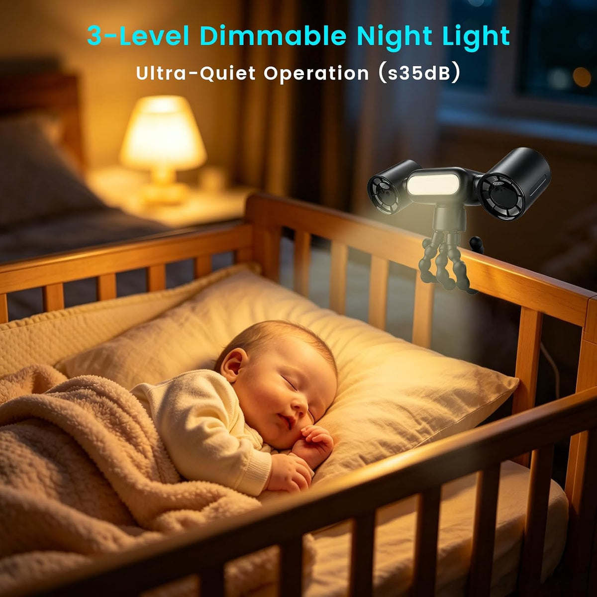 Mini Portable Stroller Fan,Dual-Head Rechargeable Small Clip on Fan,5-Speed Silent Bladeless Fan with Night Light,360° Rotate Personal Cooling Fan for Car Seats, Crib, Travel, Camping (White)
