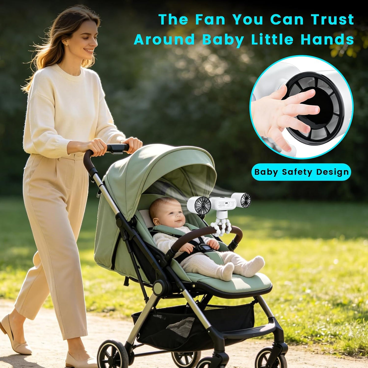 Mini Portable Stroller Fan,Dual-Head Rechargeable Small Clip on Fan,5-Speed Silent Bladeless Fan with Night Light,360° Rotate Personal Cooling Fan for Car Seats, Crib, Travel, Camping (White)
