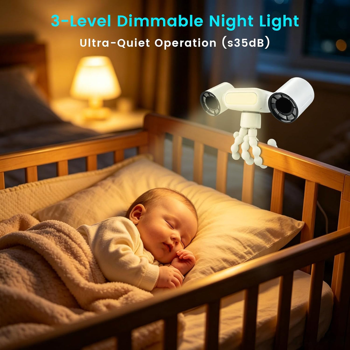 Mini Portable Stroller Fan,Dual-Head Rechargeable Small Clip on Fan,5-Speed Silent Bladeless Fan with Night Light,360° Rotate Personal Cooling Fan for Car Seats, Crib, Travel, Camping (White)