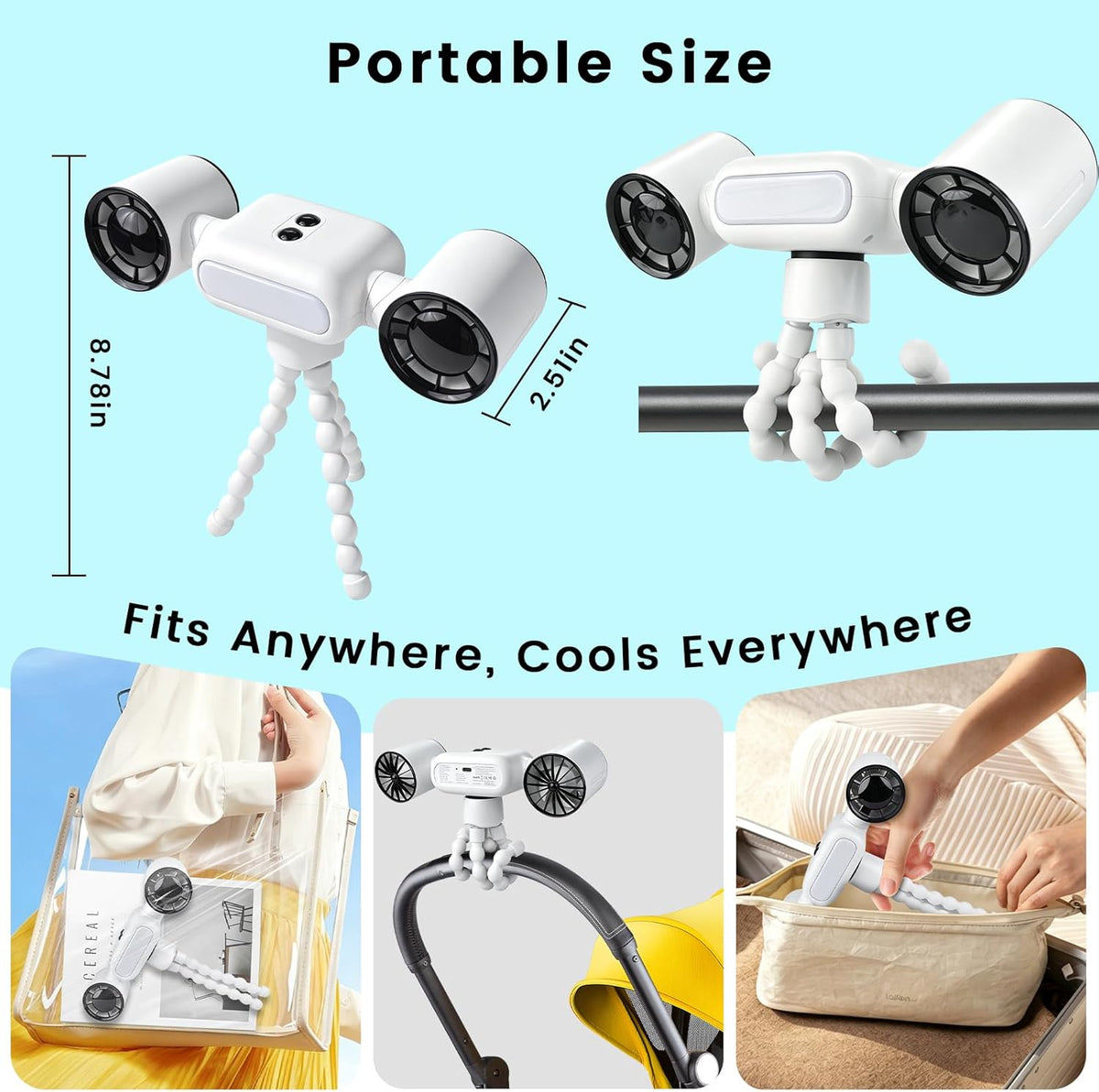 Mini Portable Stroller Fan,Dual-Head Rechargeable Small Clip on Fan,5-Speed Silent Bladeless Fan with Night Light,360° Rotate Personal Cooling Fan for Car Seats, Crib, Travel, Camping (White)