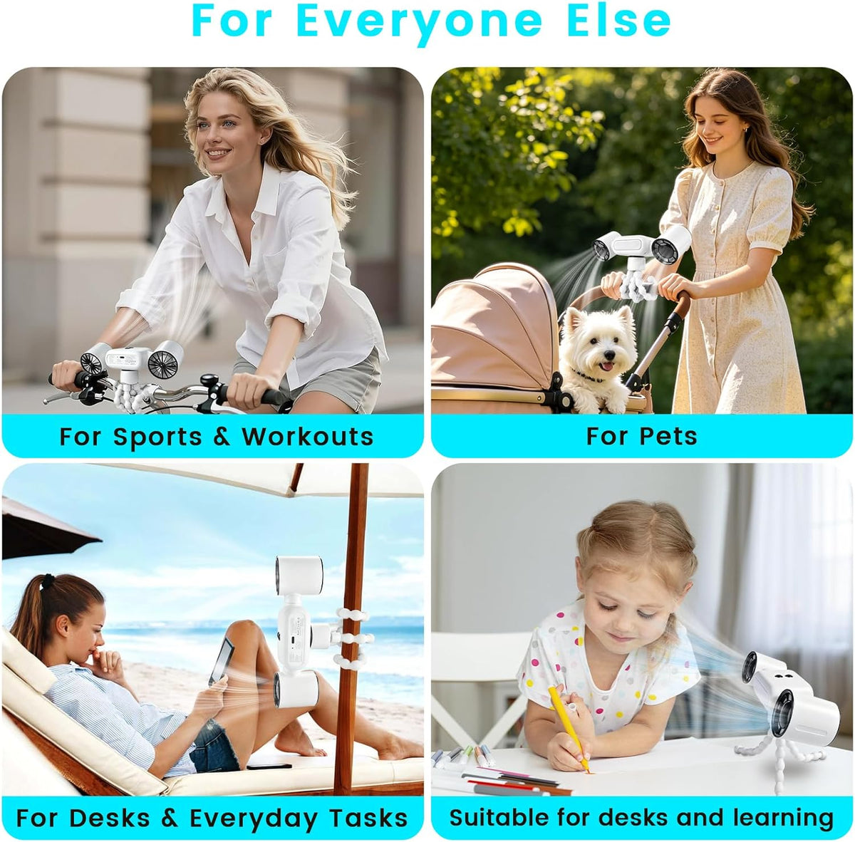 Mini Portable Stroller Fan,Dual-Head Rechargeable Small Clip on Fan,5-Speed Silent Bladeless Fan with Night Light,360° Rotate Personal Cooling Fan for Car Seats, Crib, Travel, Camping (White)