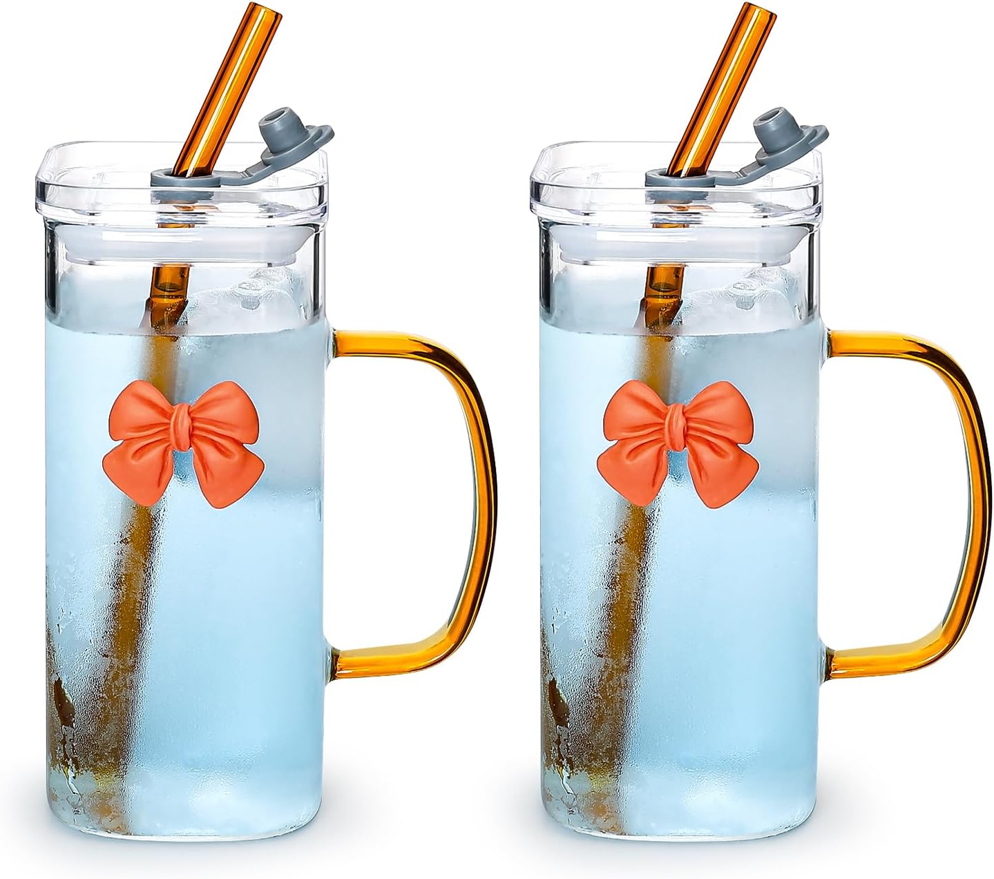 Glass Cup with Lid & Straw, 11 oz, Yellow Bow | Iced Coffee Cup, Smoothie Cup, With Handle, Cute Bow Design for Girl Women