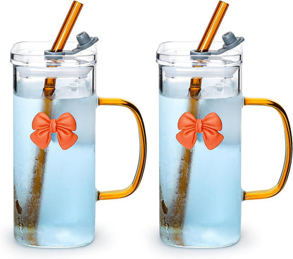 Glass Cup with Lid & Straw, 11 oz, Yellow Bow | Iced Coffee Cup, Smoothie Cup, With Handle, Cute Bow Design for Girl Women