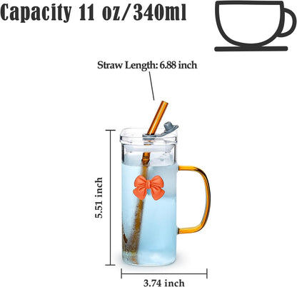 Glass Cup with Lid & Straw, 11 oz, Yellow Bow | Iced Coffee Cup, Smoothie Cup, With Handle, Cute Bow Design for Girl Women