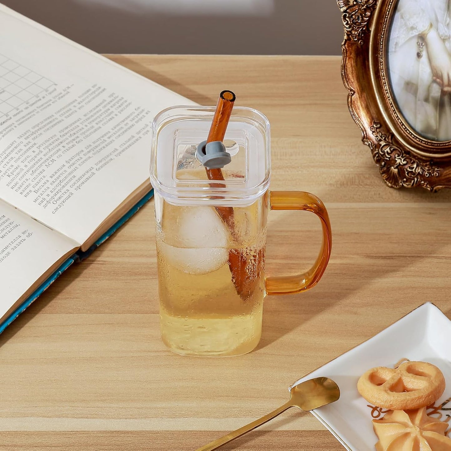 Glass Cup with Lid & Straw, 11 oz, Yellow Bow | Iced Coffee Cup, Smoothie Cup, With Handle, Cute Bow Design for Girl Women