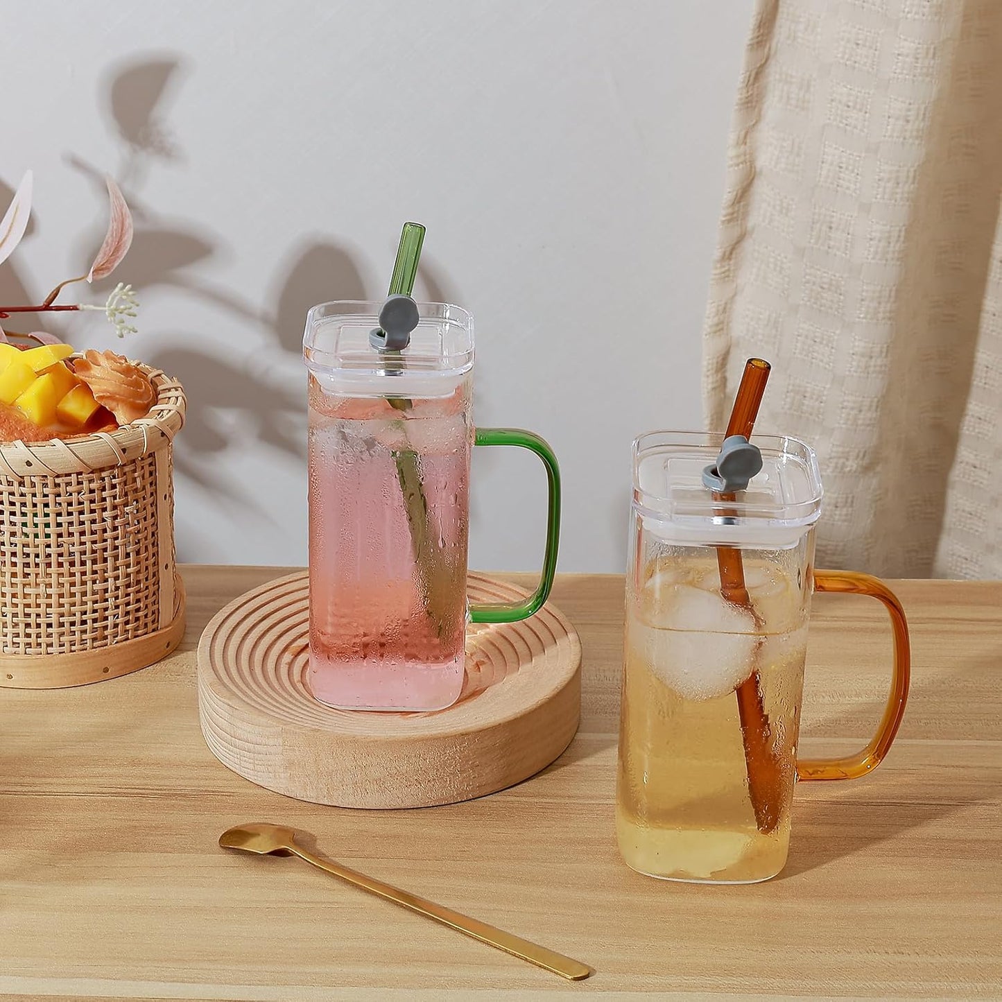 Glass Cup with Lid & Straw, 11 oz, Yellow Bow | Iced Coffee Cup, Smoothie Cup, With Handle, Cute Bow Design for Girl Women
