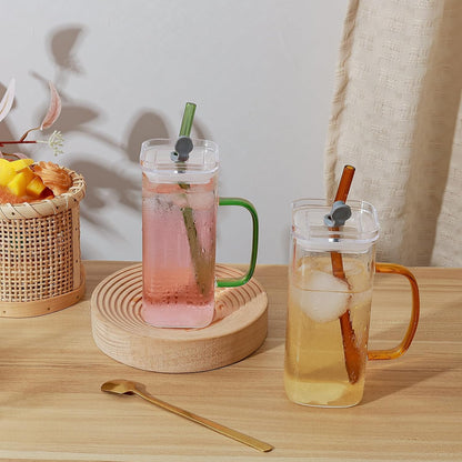 Glass Cup with Lid & Straw, 11 oz, Yellow Bow | Iced Coffee Cup, Smoothie Cup, With Handle, Cute Bow Design for Girl Women