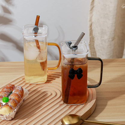 Glass Cup with Lid & Straw, 11 oz, Yellow Bow | Iced Coffee Cup, Smoothie Cup, With Handle, Cute Bow Design for Girl Women
