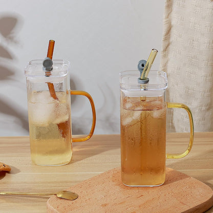 Glass Cup with Lid & Straw, 11 oz, Yellow Bow | Iced Coffee Cup, Smoothie Cup, With Handle, Cute Bow Design for Girl Women