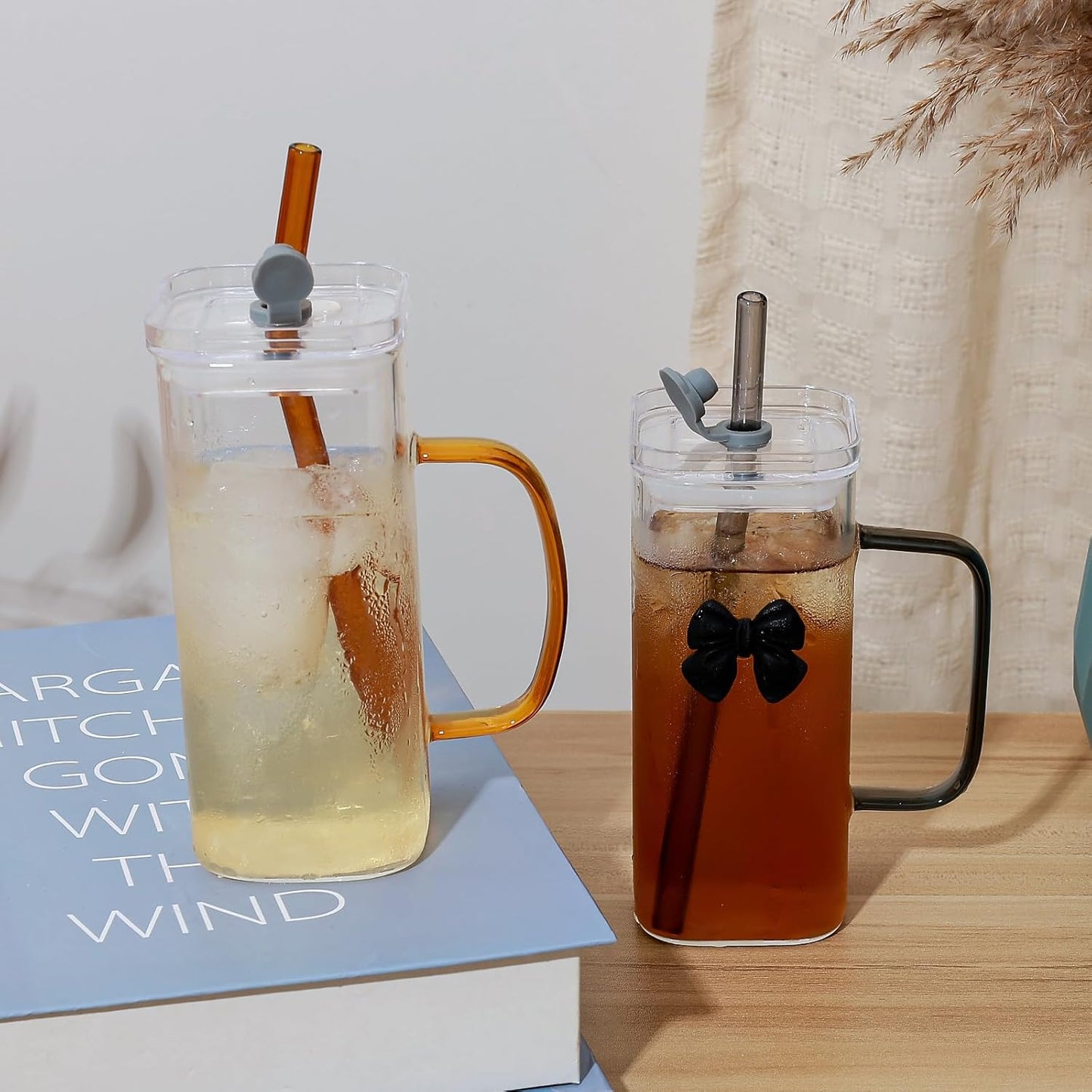 Glass Cup with Lid & Straw, 11 oz, Yellow Bow | Iced Coffee Cup, Smoothie Cup, With Handle, Cute Bow Design for Girl Women