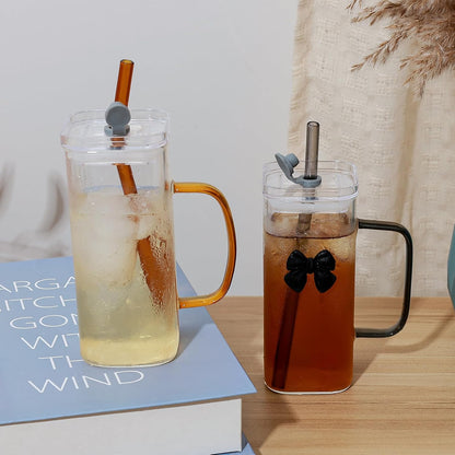 Glass Cup with Lid & Straw, 11 oz, Yellow Bow | Iced Coffee Cup, Smoothie Cup, With Handle, Cute Bow Design for Girl Women