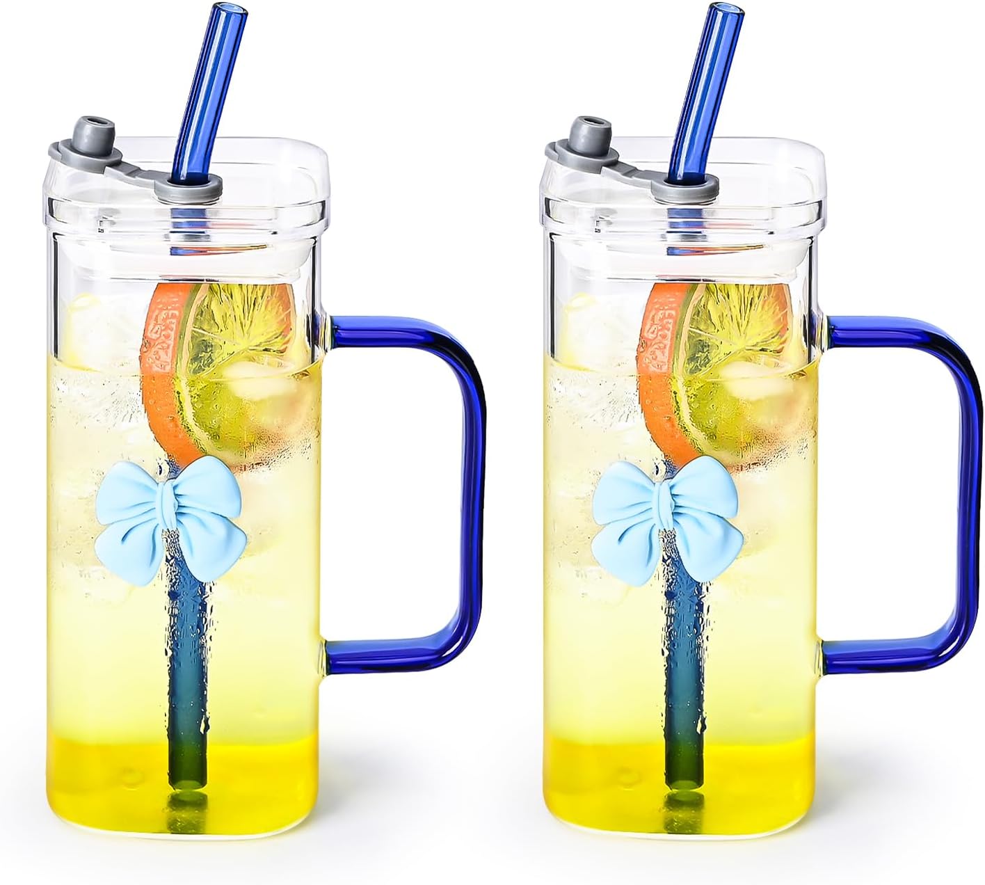 Glass Cup with Lid & Straw, 11 oz, Yellow Bow | Iced Coffee Cup, Smoothie Cup, With Handle, Cute Bow Design for Girl Women