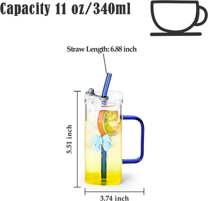 Glass Cup with Lid & Straw, 11 oz, Yellow Bow | Iced Coffee Cup, Smoothie Cup, With Handle, Cute Bow Design for Girl Women