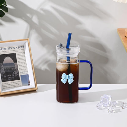 Glass Cup with Lid & Straw, 11 oz, Yellow Bow | Iced Coffee Cup, Smoothie Cup, With Handle, Cute Bow Design for Girl Women