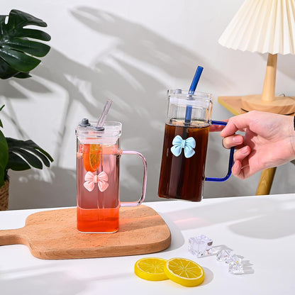 Glass Cup with Lid & Straw, 11 oz, Yellow Bow | Iced Coffee Cup, Smoothie Cup, With Handle, Cute Bow Design for Girl Women