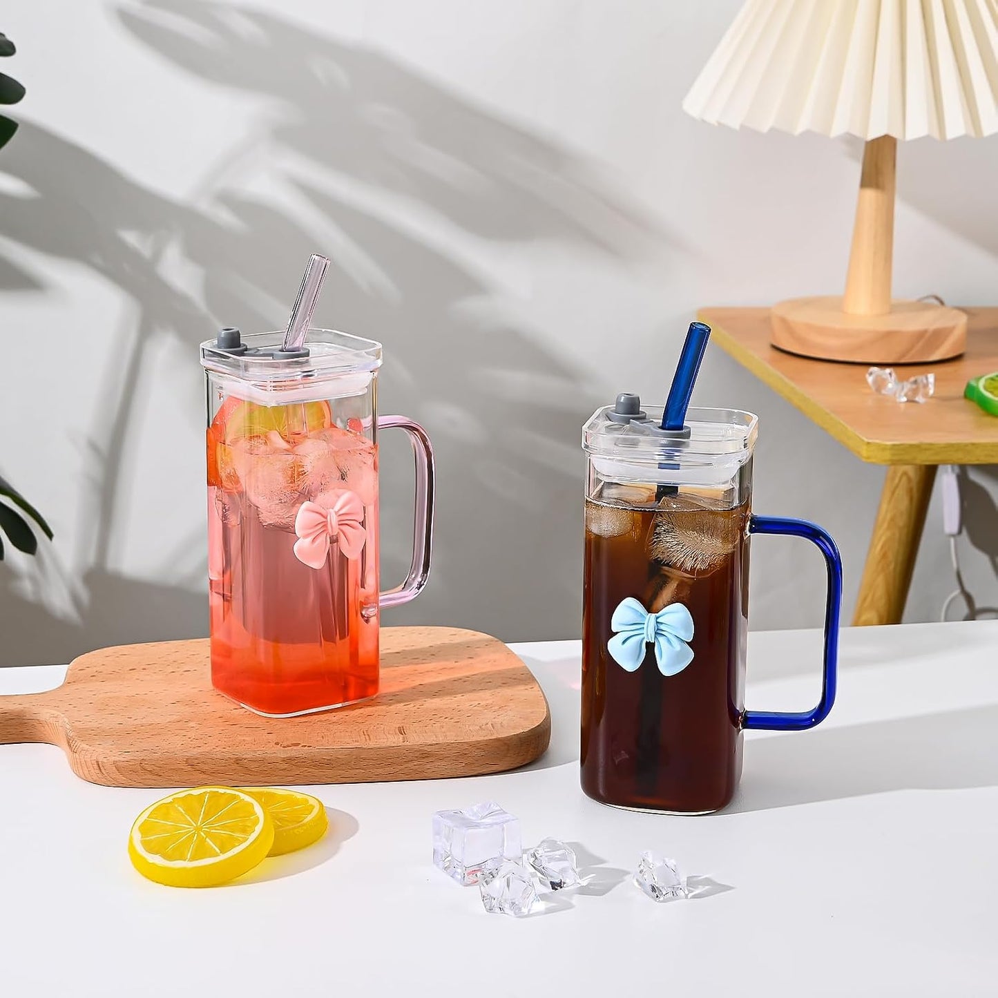Glass Cup with Lid & Straw, 11 oz, Yellow Bow | Iced Coffee Cup, Smoothie Cup, With Handle, Cute Bow Design for Girl Women