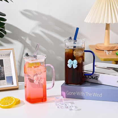 Glass Cup with Lid & Straw, 11 oz, Yellow Bow | Iced Coffee Cup, Smoothie Cup, With Handle, Cute Bow Design for Girl Women