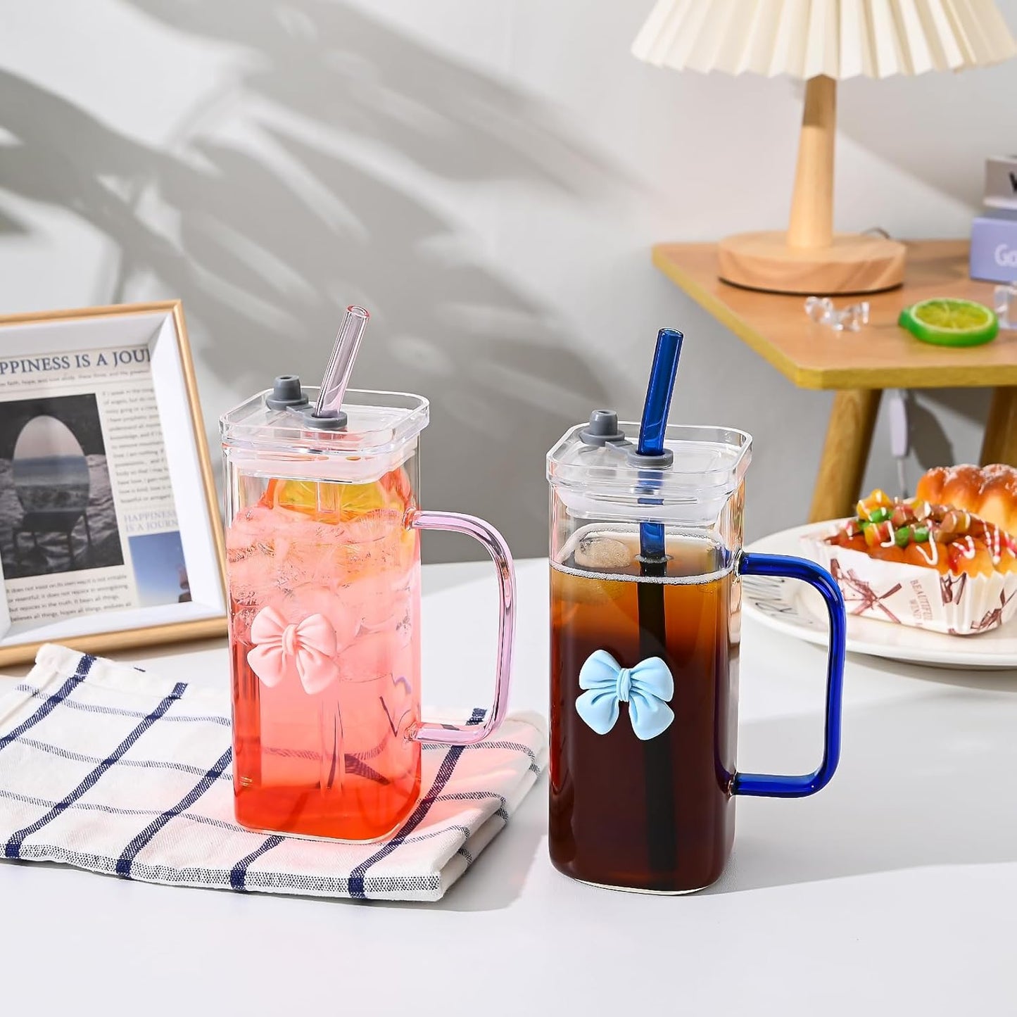 Glass Cup with Lid & Straw, 11 oz, Yellow Bow | Iced Coffee Cup, Smoothie Cup, With Handle, Cute Bow Design for Girl Women
