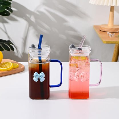 Glass Cup with Lid & Straw, 11 oz, Yellow Bow | Iced Coffee Cup, Smoothie Cup, With Handle, Cute Bow Design for Girl Women