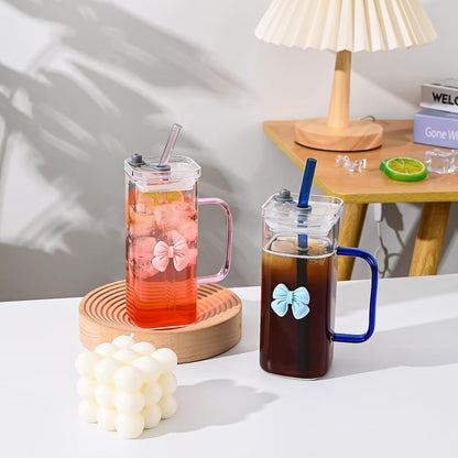 Glass Cup with Lid & Straw, 11 oz, Yellow Bow | Iced Coffee Cup, Smoothie Cup, With Handle, Cute Bow Design for Girl Women