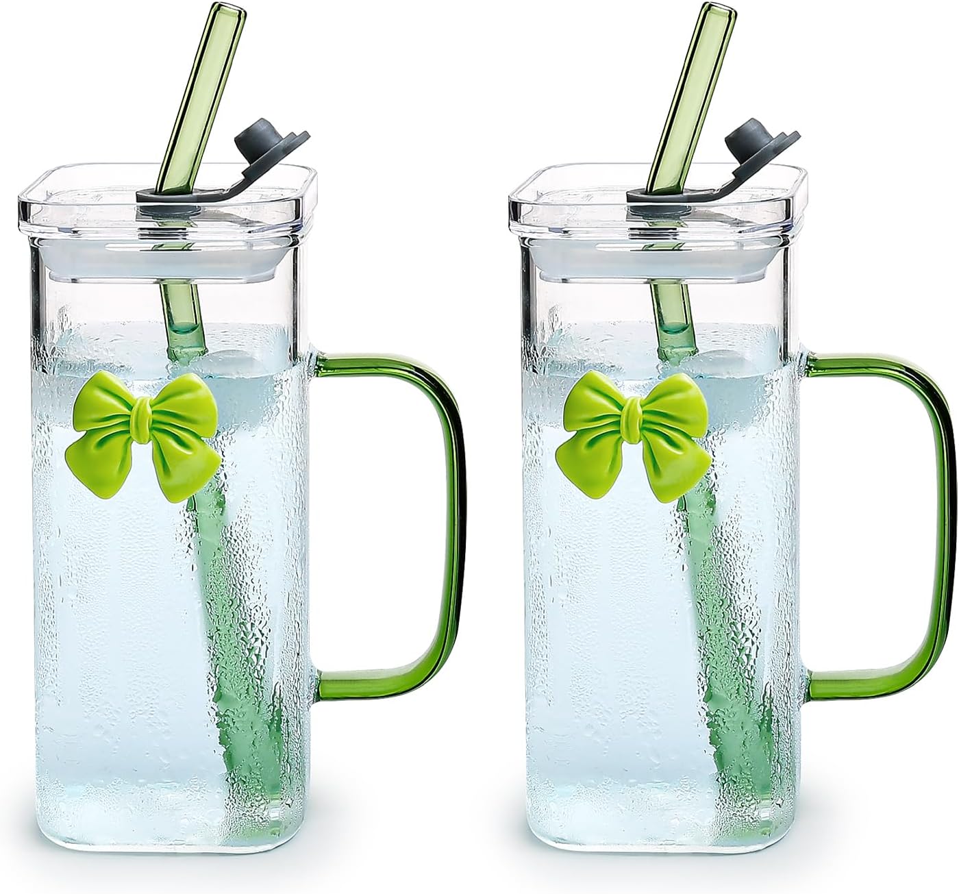 Glass Cup with Lid & Straw, 11 oz, Yellow Bow | Iced Coffee Cup, Smoothie Cup, With Handle, Cute Bow Design for Girl Women