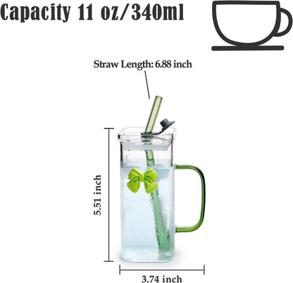 Glass Cup with Lid & Straw, 11 oz, Yellow Bow | Iced Coffee Cup, Smoothie Cup, With Handle, Cute Bow Design for Girl Women