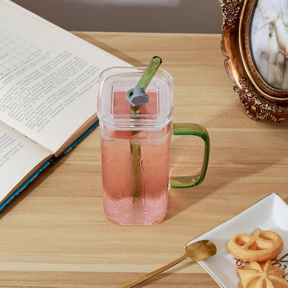 Glass Cup with Lid & Straw, 11 oz, Yellow Bow | Iced Coffee Cup, Smoothie Cup, With Handle, Cute Bow Design for Girl Women