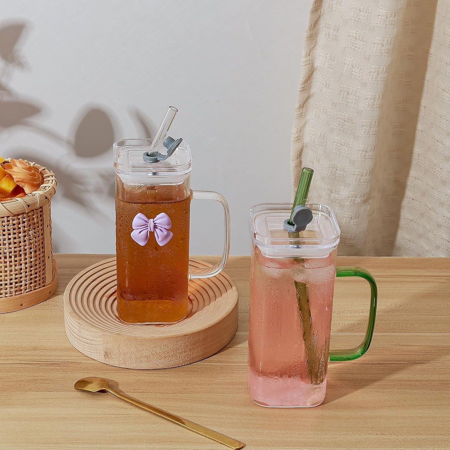 Glass Cup with Lid & Straw, 11 oz, Yellow Bow | Iced Coffee Cup, Smoothie Cup, With Handle, Cute Bow Design for Girl Women