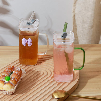 Glass Cup with Lid & Straw, 11 oz, Yellow Bow | Iced Coffee Cup, Smoothie Cup, With Handle, Cute Bow Design for Girl Women
