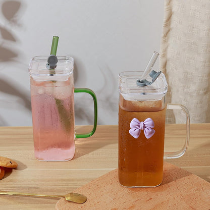 Glass Cup with Lid & Straw, 11 oz, Yellow Bow | Iced Coffee Cup, Smoothie Cup, With Handle, Cute Bow Design for Girl Women