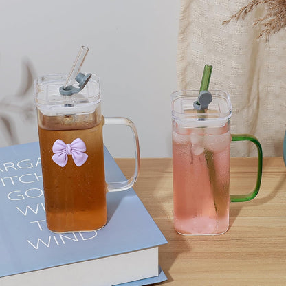 Glass Cup with Lid & Straw, 11 oz, Yellow Bow | Iced Coffee Cup, Smoothie Cup, With Handle, Cute Bow Design for Girl Women