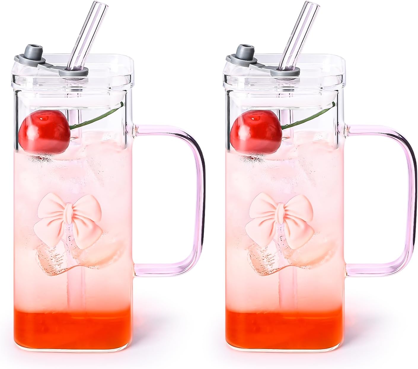 Glass Cup with Lid & Straw, 11 oz, Yellow Bow | Iced Coffee Cup, Smoothie Cup, With Handle, Cute Bow Design for Girl Women