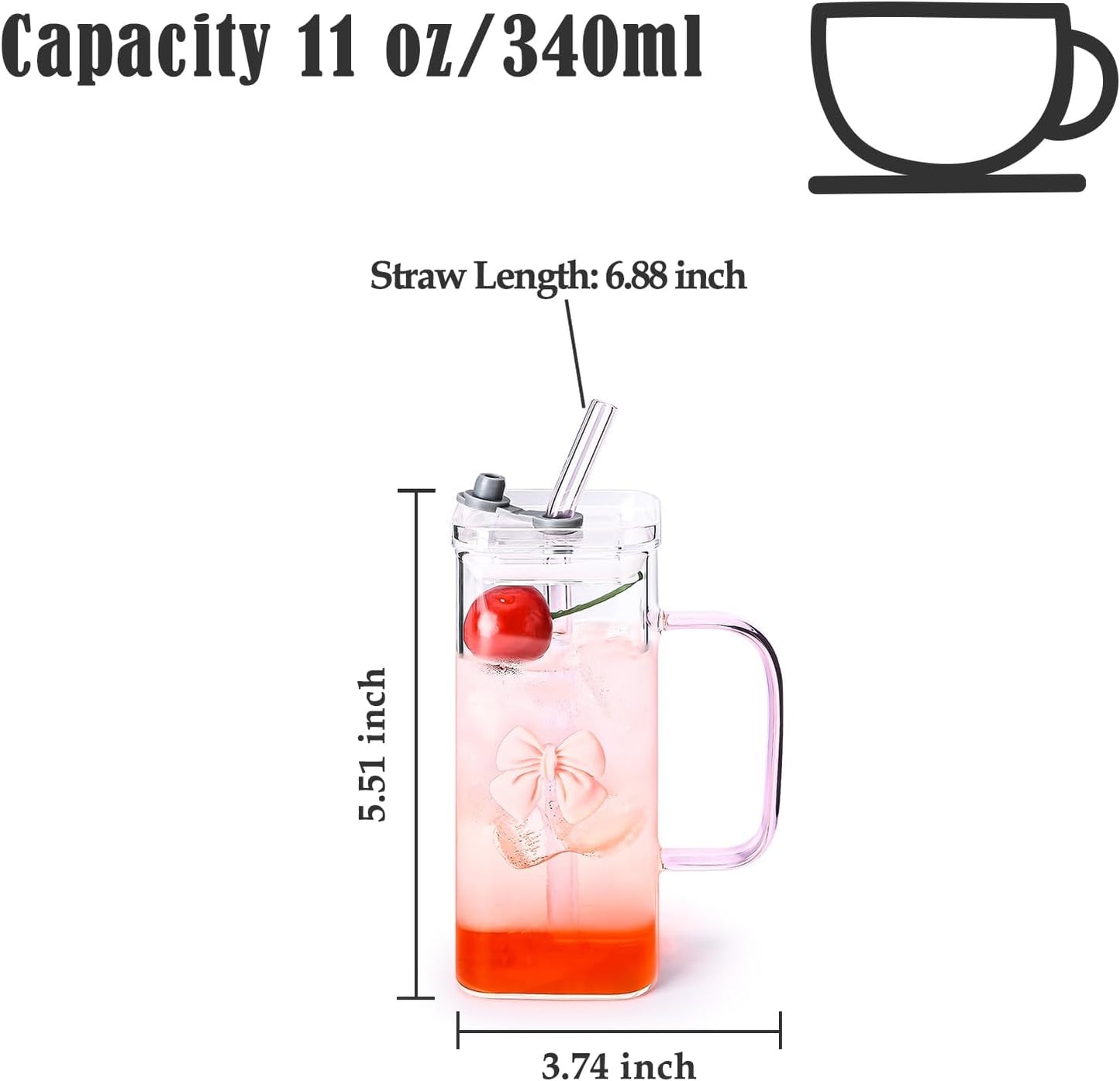 Glass Cup with Lid & Straw, 11 oz, Yellow Bow | Iced Coffee Cup, Smoothie Cup, With Handle, Cute Bow Design for Girl Women