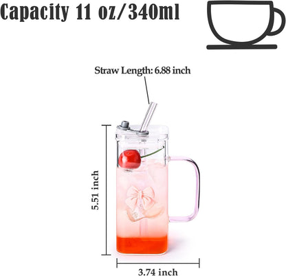 Glass Cup with Lid & Straw, 11 oz, Yellow Bow | Iced Coffee Cup, Smoothie Cup, With Handle, Cute Bow Design for Girl Women