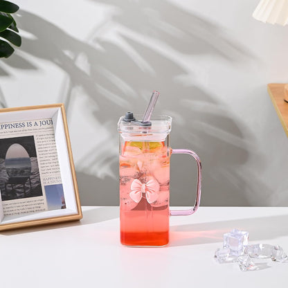 Glass Cup with Lid & Straw, 11 oz, Yellow Bow | Iced Coffee Cup, Smoothie Cup, With Handle, Cute Bow Design for Girl Women
