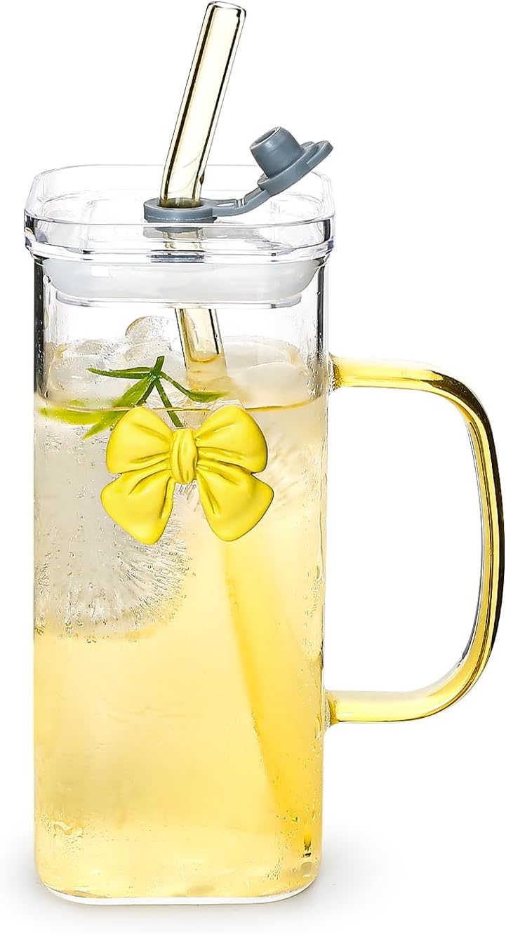 Glass Cup with Lid & Straw, 11 oz, Yellow Bow | Iced Coffee Cup, Smoothie Cup, With Handle, Cute Bow Design for Girl Women