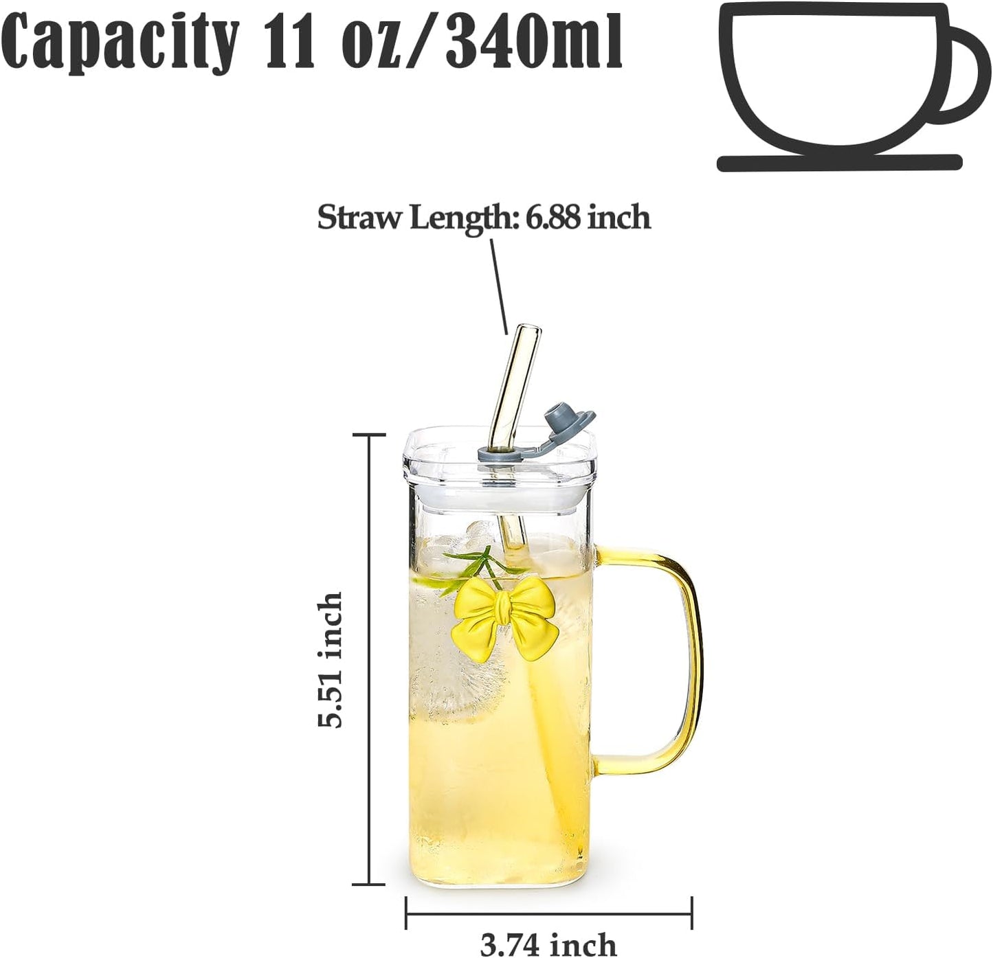 Glass Cup with Lid & Straw, 11 oz, Yellow Bow | Iced Coffee Cup, Smoothie Cup, With Handle, Cute Bow Design for Girl Women