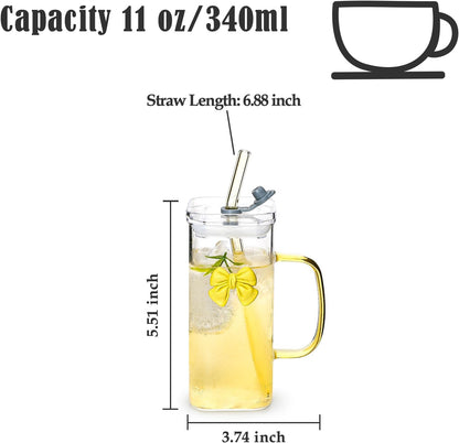 Glass Cup with Lid & Straw, 11 oz, Yellow Bow | Iced Coffee Cup, Smoothie Cup, With Handle, Cute Bow Design for Girl Women