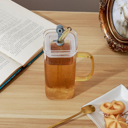 Glass Cup with Lid & Straw, 11 oz, Yellow Bow | Iced Coffee Cup, Smoothie Cup, With Handle, Cute Bow Design for Girl Women