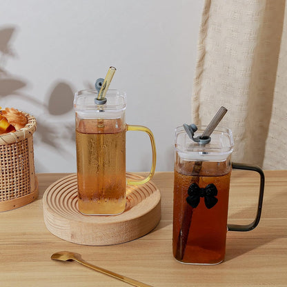 Glass Cup with Lid & Straw, 11 oz, Yellow Bow | Iced Coffee Cup, Smoothie Cup, With Handle, Cute Bow Design for Girl Women