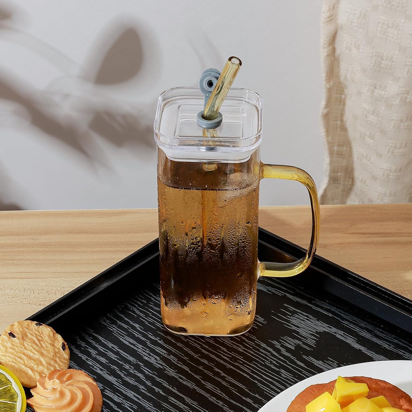 Glass Cup with Lid & Straw, 11 oz, Yellow Bow | Iced Coffee Cup, Smoothie Cup, With Handle, Cute Bow Design for Girl Women