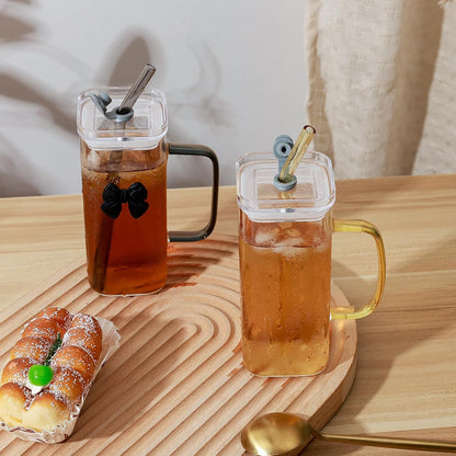 Glass Cup with Lid & Straw, 11 oz, Yellow Bow | Iced Coffee Cup, Smoothie Cup, With Handle, Cute Bow Design for Girl Women