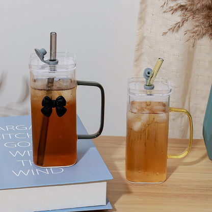 Glass Cup with Lid & Straw, 11 oz, Yellow Bow | Iced Coffee Cup, Smoothie Cup, With Handle, Cute Bow Design for Girl Women