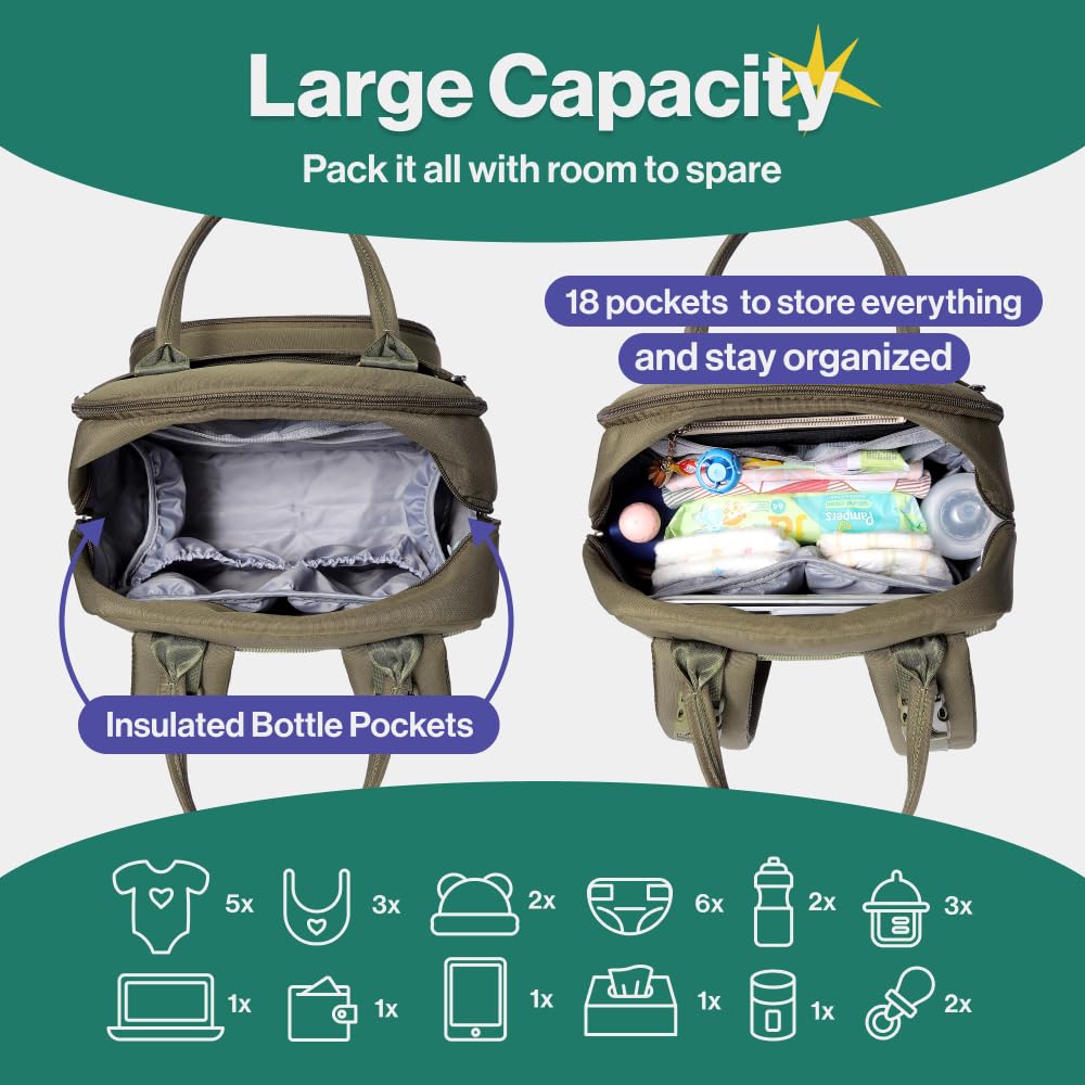 Extra Large Diaper Bag Backpack, Expandable Baby Bag with Up to 50% More Capacity - Travel Essentials Baby Bag Tote with Changing Pad, Stroller Straps & Pacifier Case - Unisex, Black