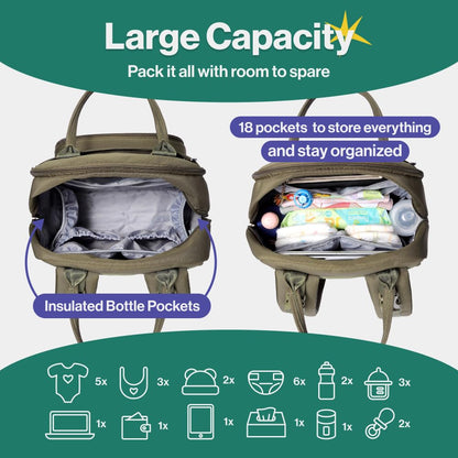 Extra Large Diaper Bag Backpack, Expandable Baby Bag with Up to 50% More Capacity - Travel Essentials Baby Bag Tote with Changing Pad, Stroller Straps & Pacifier Case - Unisex, Black